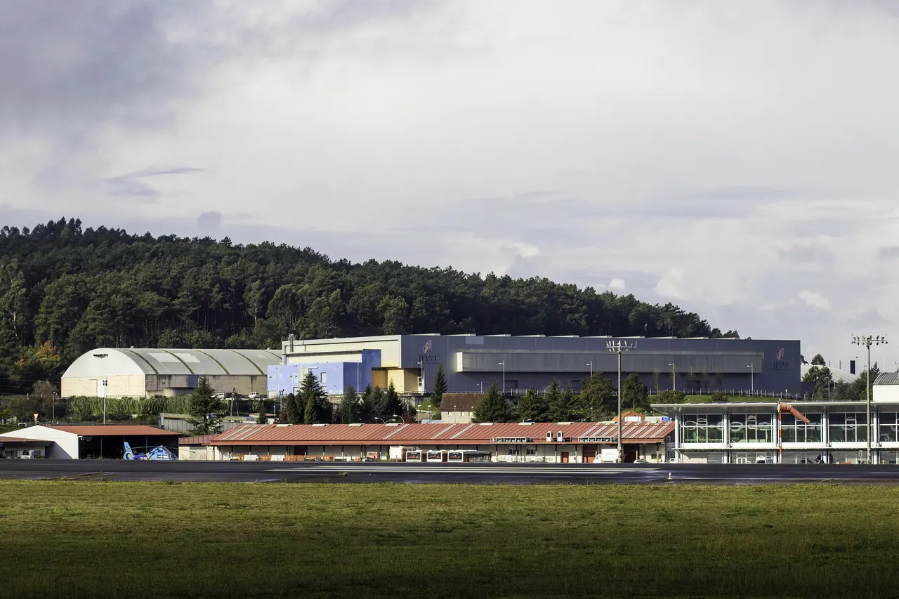 Vista general de los pabellones del IFEVI, en Vigo, con un monte de pinos detrás y un día nublado