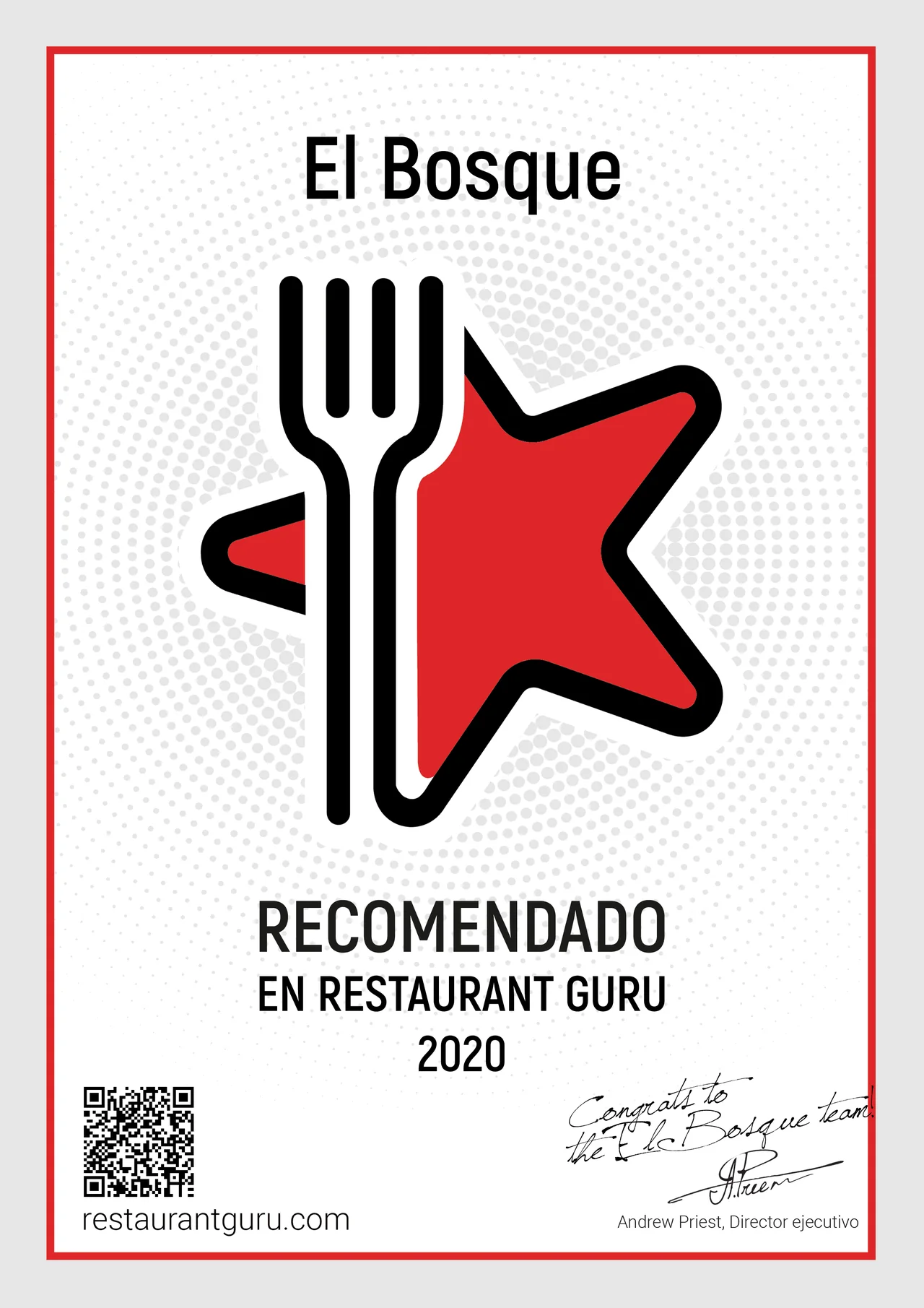 Certificado de El Bosque recomendado en Restaurant Guru en 2020